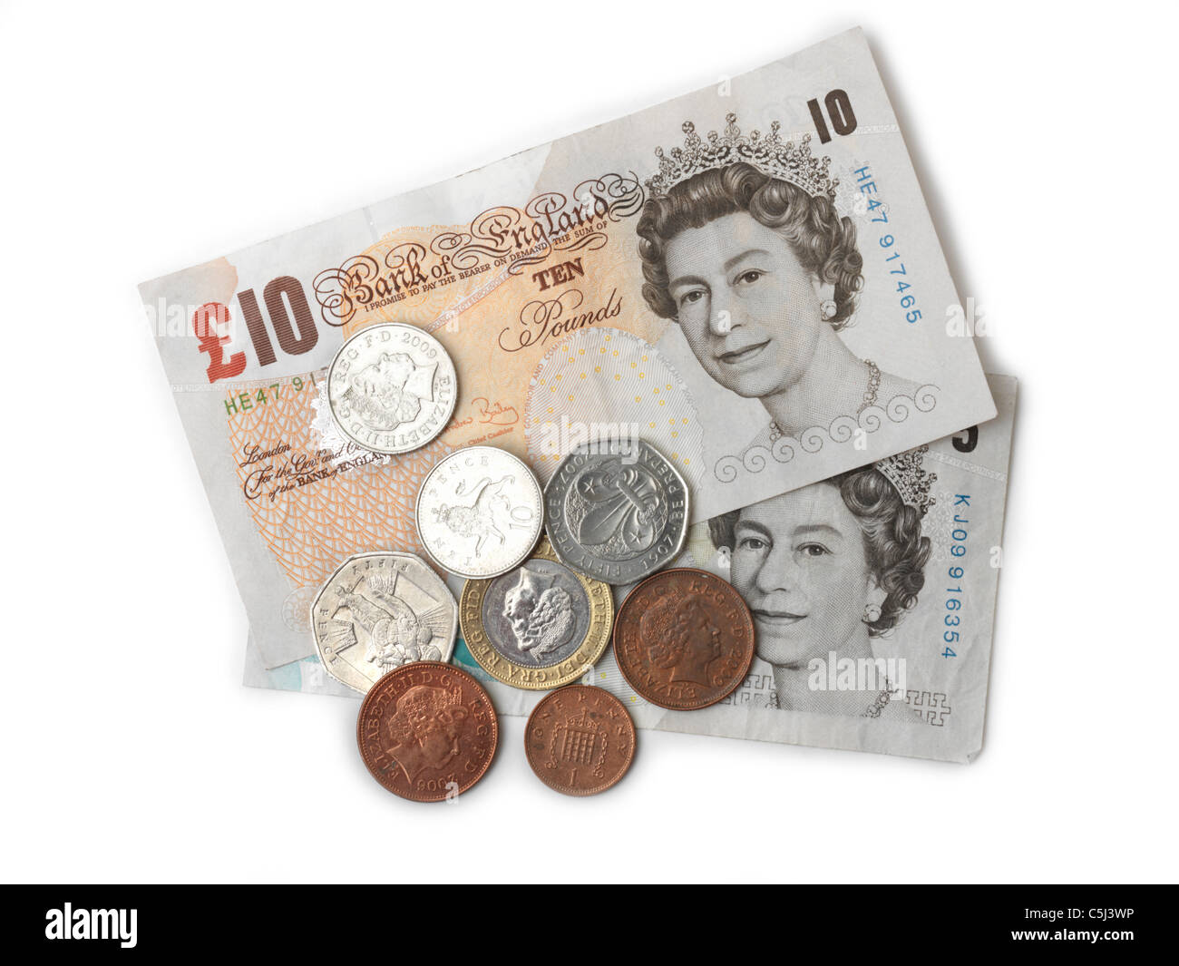 Monnaie anglaise - £10, £5 Note Note, £2, pièce de 50 centimes, 20 centimes, 10 centimes, 2, 1 PENCE PENCE Banque D'Images