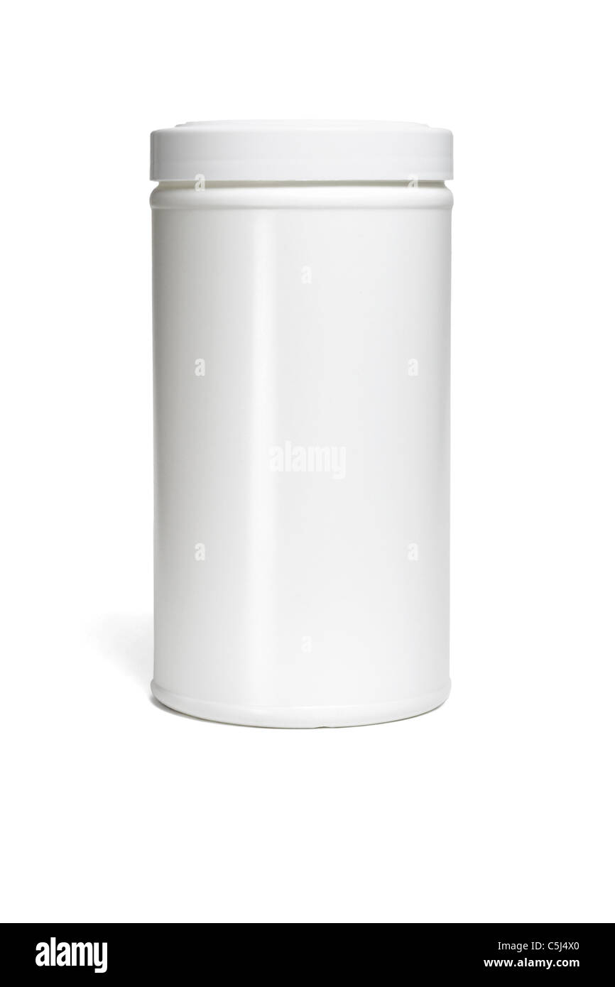 Forme cylindrique contenant en plastique sur fond blanc Banque D'Images