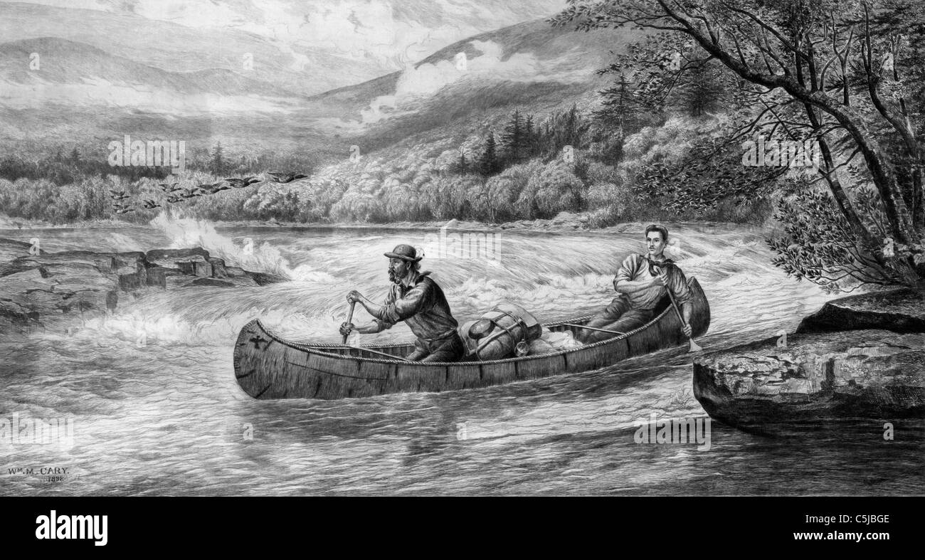 Les rapides - Deux hommes sur un canot en eau agitée, vers 1891 Banque D'Images