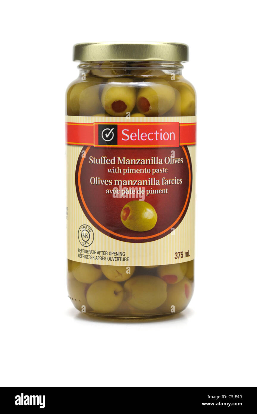 Olives / pot d'Olives Manzanilla farcies Banque D'Images