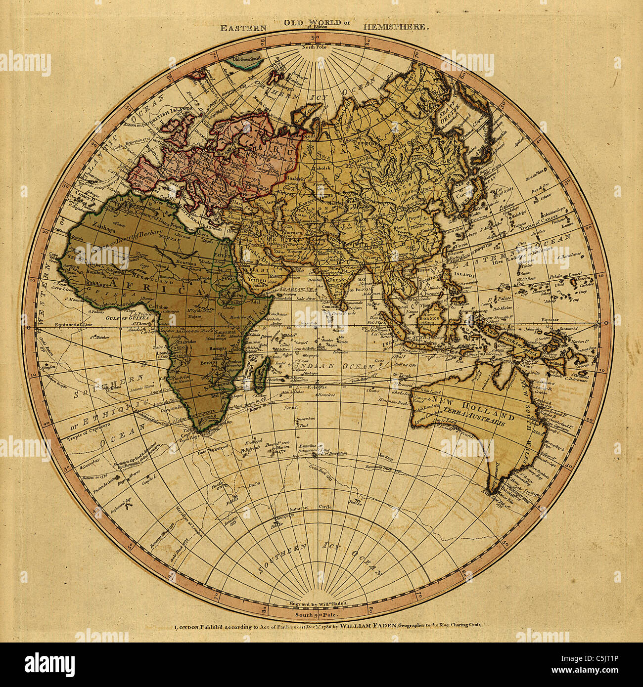 Carte du monde antique - Antique 1786 carte du monde par William Faden - hémisphère oriental Banque D'Images