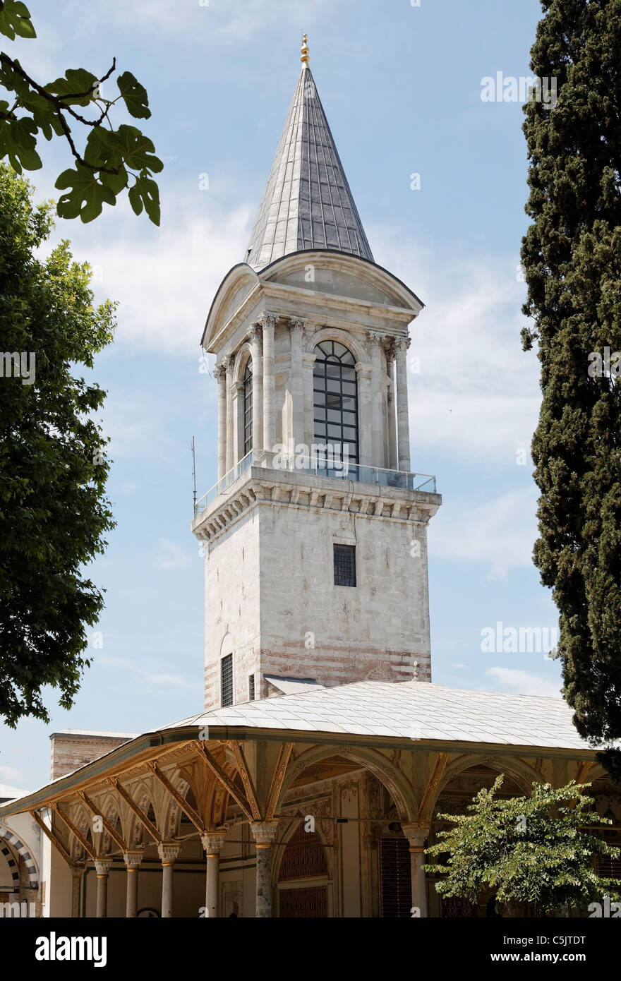 Spire, véranda, tonnelle, pavillon au Palais de Topkapi à Istanbul, portrait à travers les arbres Banque D'Images
