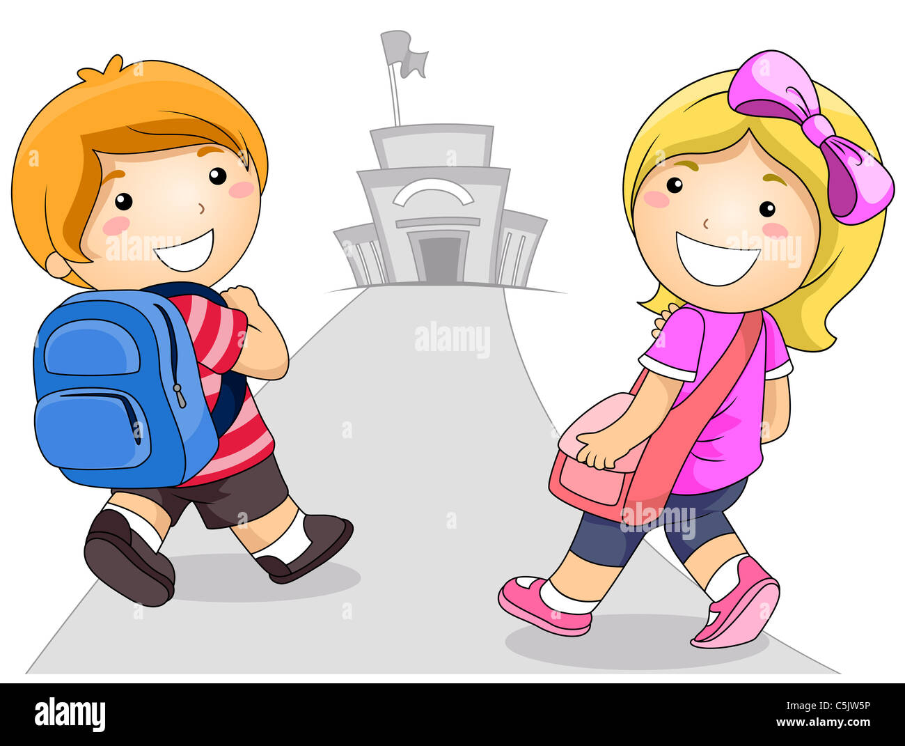 Illustration avec un jeune garçon et fille qui va à l'école Banque D'Images