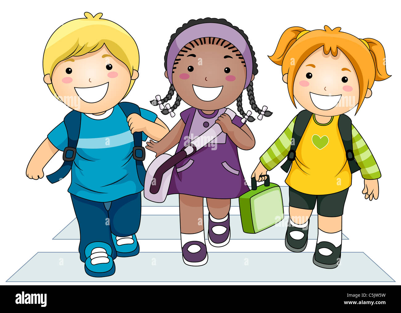 L'illustration comprend un petit groupe d'enfants de traverser la rue sur le chemin de l'école Banque D'Images