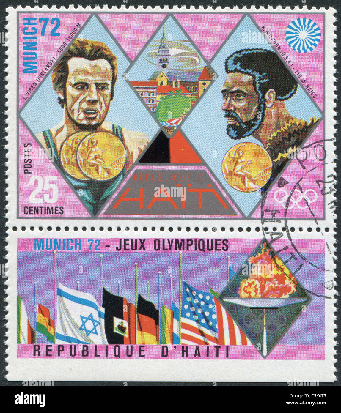 Haïti - 1973 : timbre imprimé en Haïti, montre d'or olympique à Munich en 1972, Lasse Viren et Rod Milburn Banque D'Images