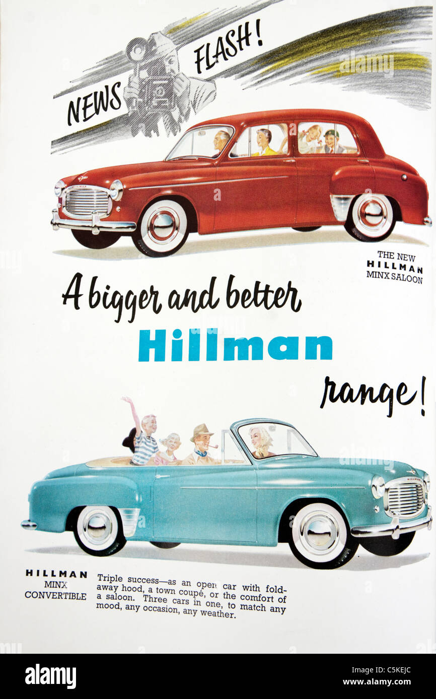 Illustration de 1953 Hillman Minx Saloon convertible et voitures classiques de 'l' Autocar magazine du 23 octobre 1953 Banque D'Images