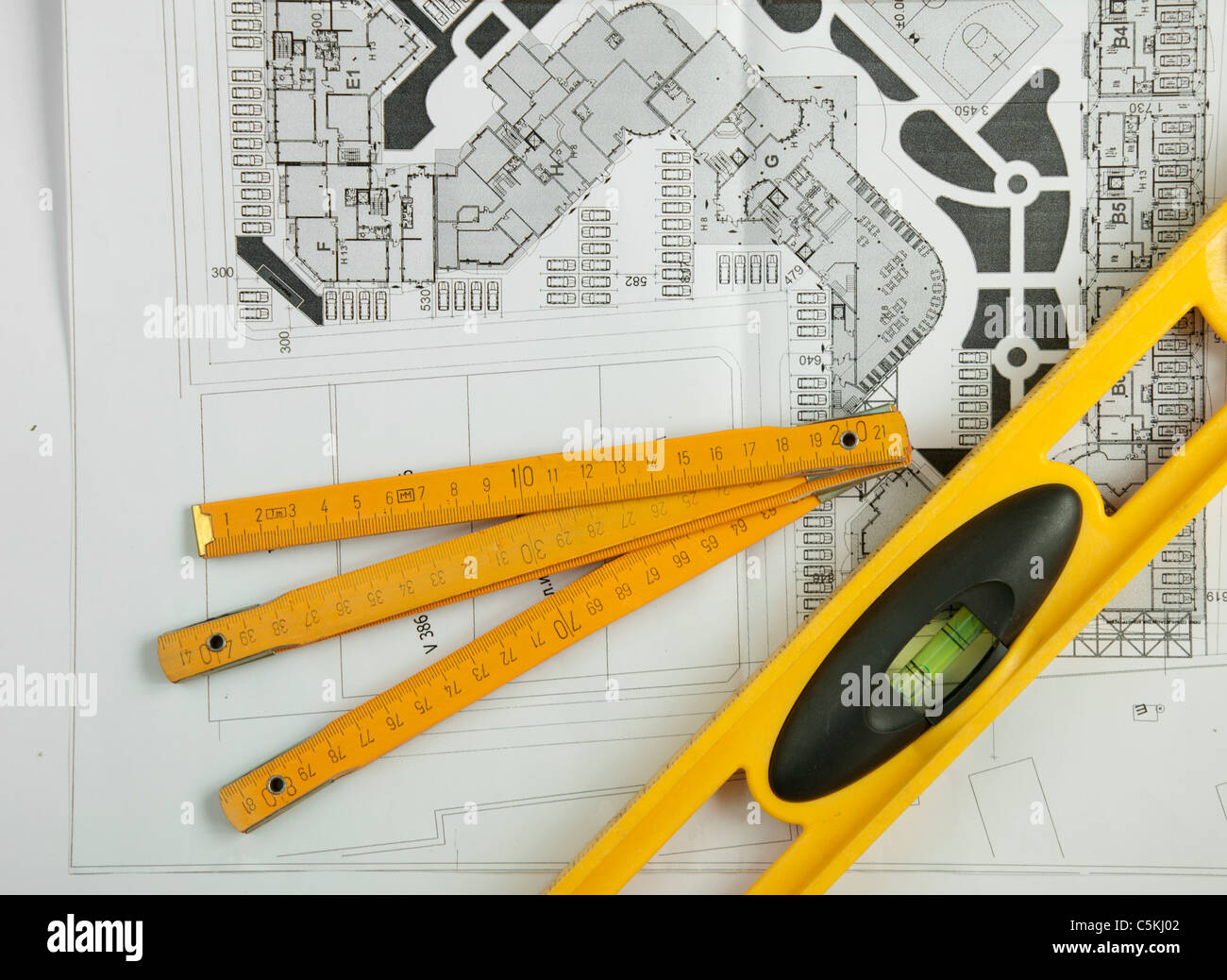 Plan pour la construction en bois et compteur de mesure.level Banque D'Images