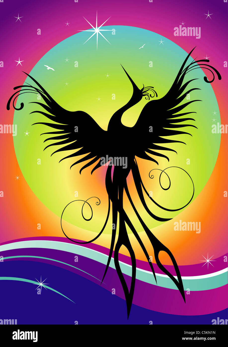 Black phoenix bird figure sur fond multicolore. Re-naissance concept. Banque D'Images