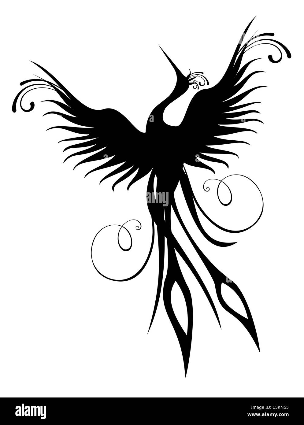 Black phoenix bird figure isolée sur fond blanc. Re-naissance concept. Banque D'Images