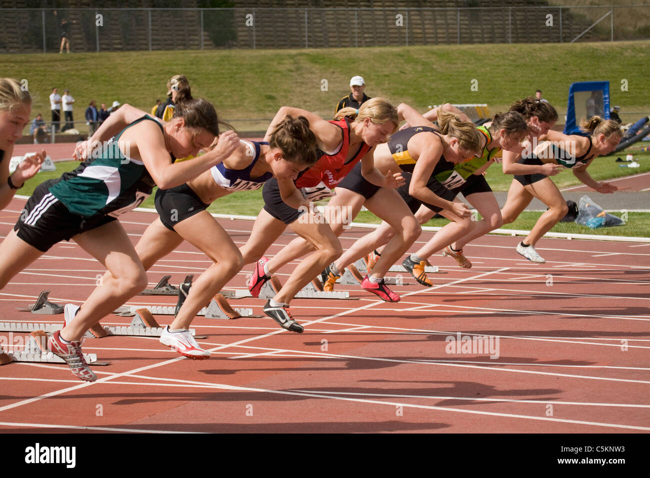 Une rangée de filles au début d'une course de sprint sur une piste de course, Wellington, Nouvelle-Zélande Banque D'Images