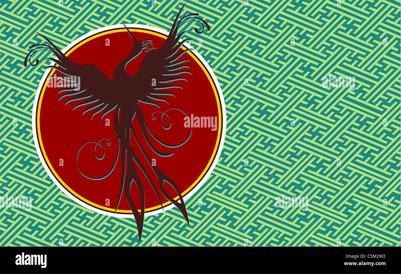 Black phoenix bird silhouette sur fond texturé labyrinthe. Banque D'Images