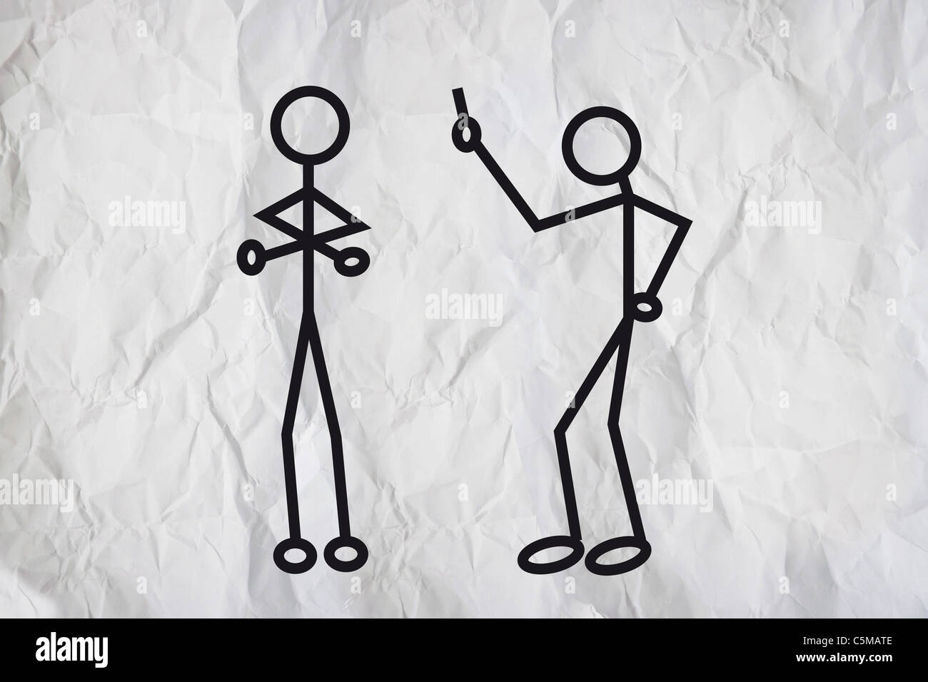 Dessin simple de deux figures humanoïdes ayant un avis sur une texture de papier Banque D'Images