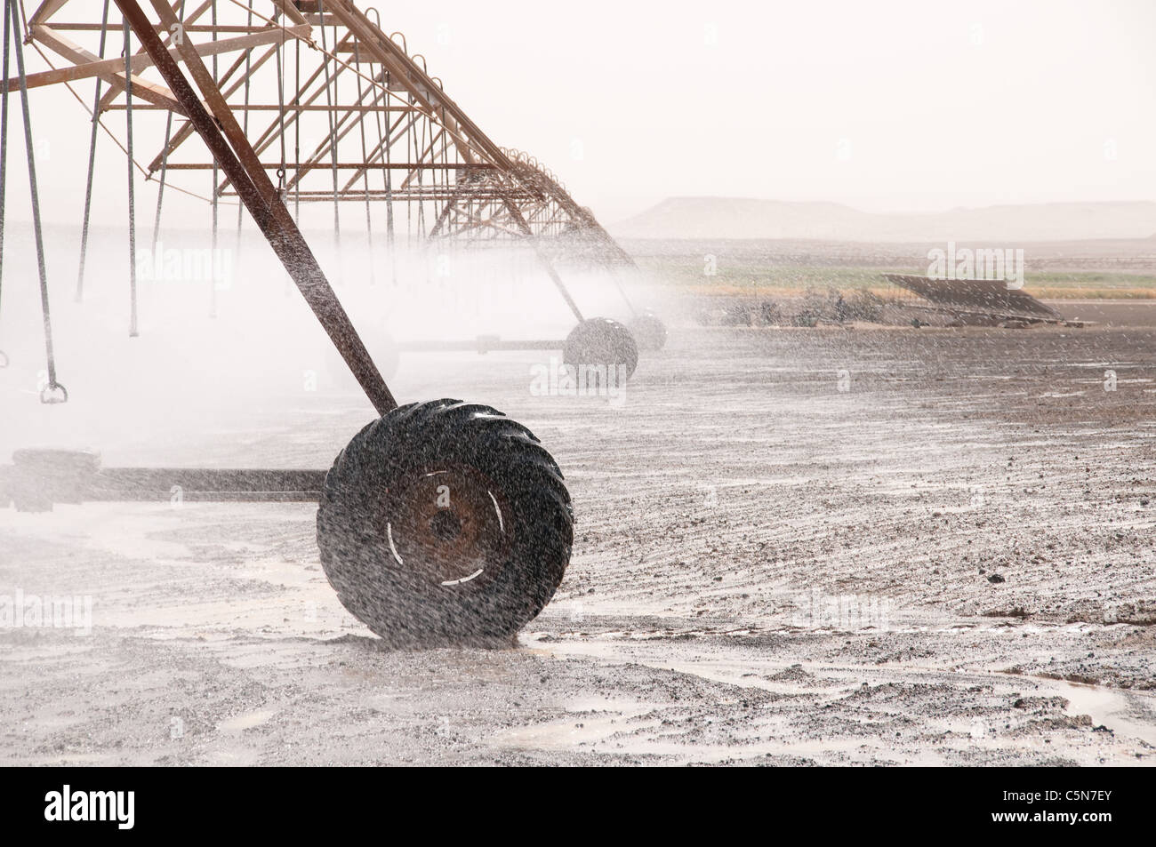 Un centre d'énergie solaire Système d'irrigation à pivot pulvériser de l'eau dans le désert de l'Est du Royaume hachémite de Jordanie. Banque D'Images