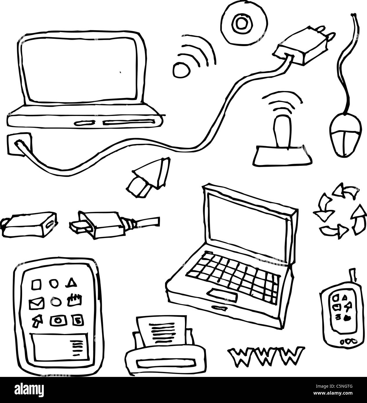 Dessin à la main des ordinateurs, tablettes, imprimantes, câbles et