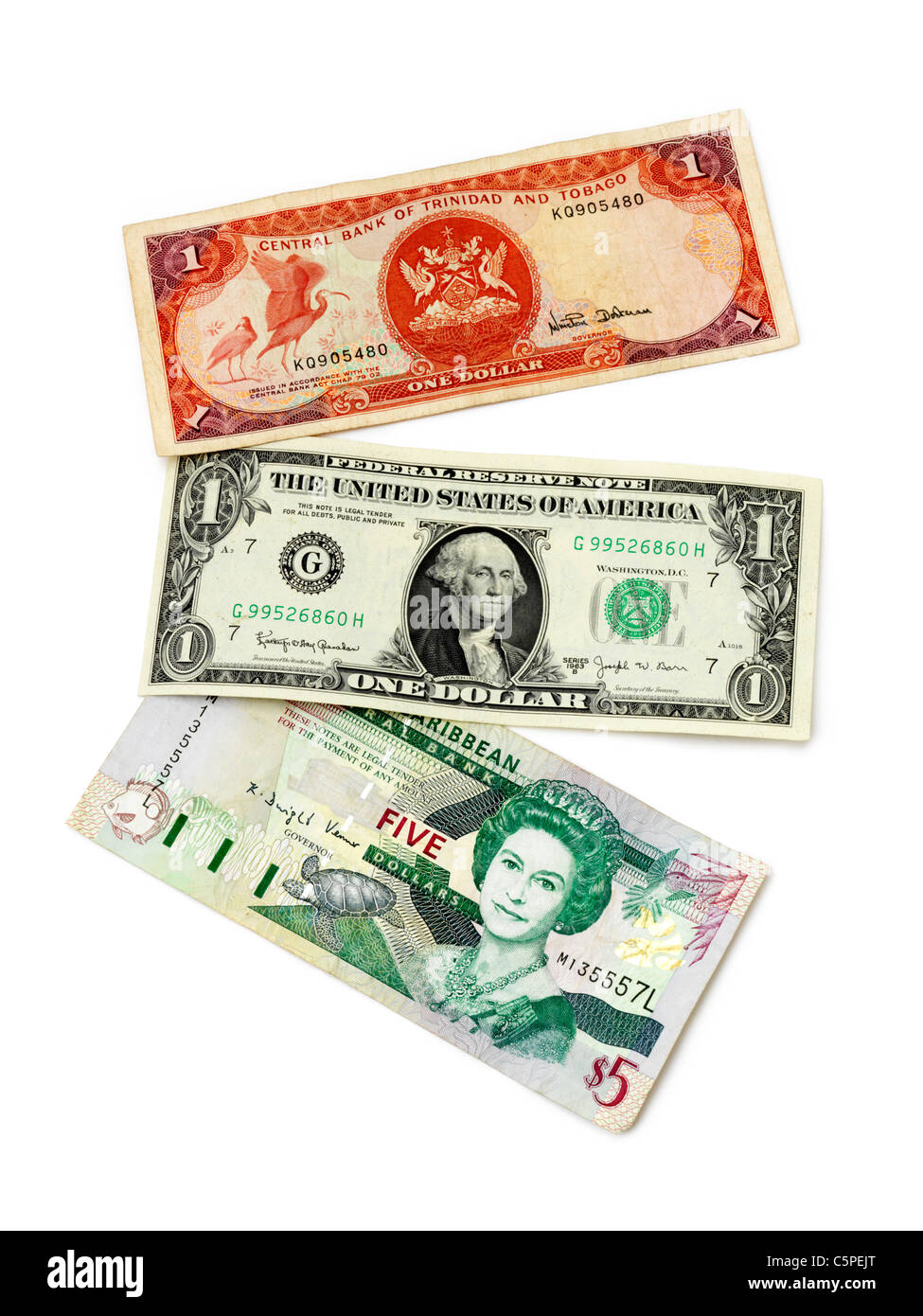 Un billet de 5 dollars des Caraïbes orientales, une banque centrale de Trinité-et-Tobago 1 note et un United States of America 1 Remarque Banque D'Images