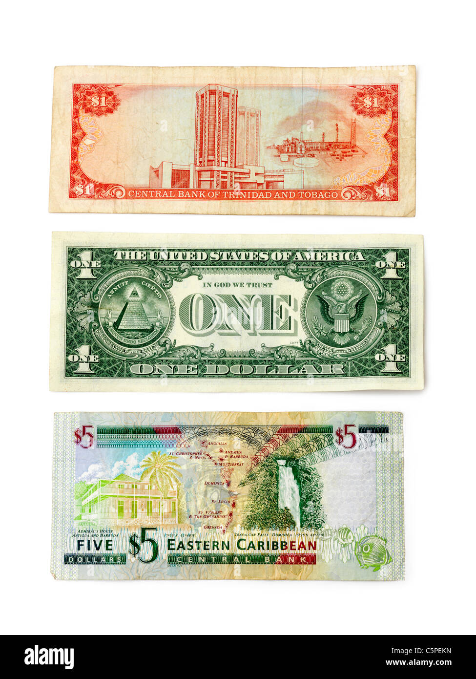 Un billet de 5 dollars des Caraïbes orientales, une banque centrale de Trinité-et-Tobago 1 note et un United States of America 1 Remarque Banque D'Images