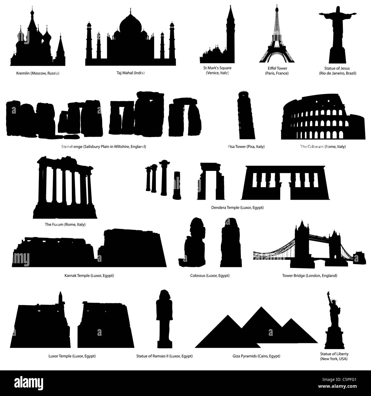 Détail haute silhouette repères fixés avec descriprion du titre et le lieu. Vector illustration. Banque D'Images Détail haute silhouette repères fixés avec descriprion du titre et le lieu. Vector illustration. Banque D'Images