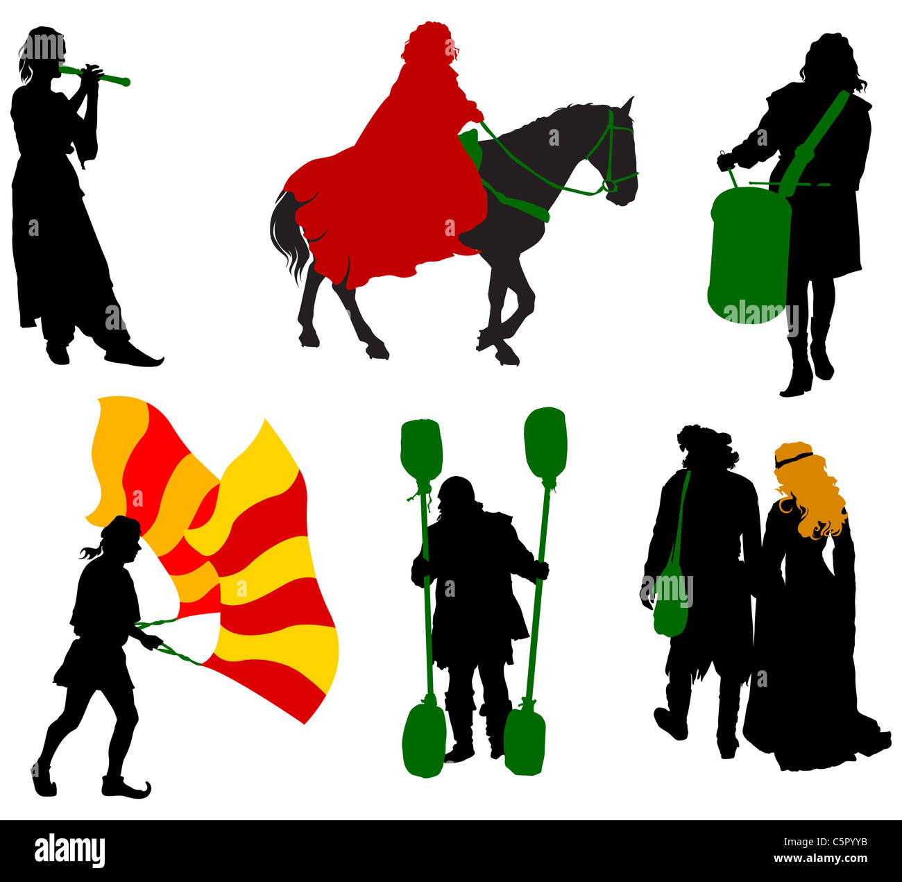 Silhouettes de personnes en costumes médiévaux. Knight, batteur, musicien, jongleur, nobles Banque D'Images