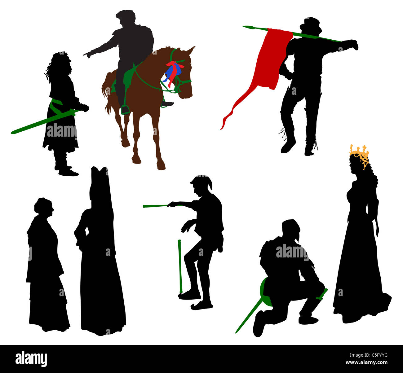 Silhouettes de personnes en costumes médiévaux. Knight, reine, jongleur, nobles. Banque D'Images
