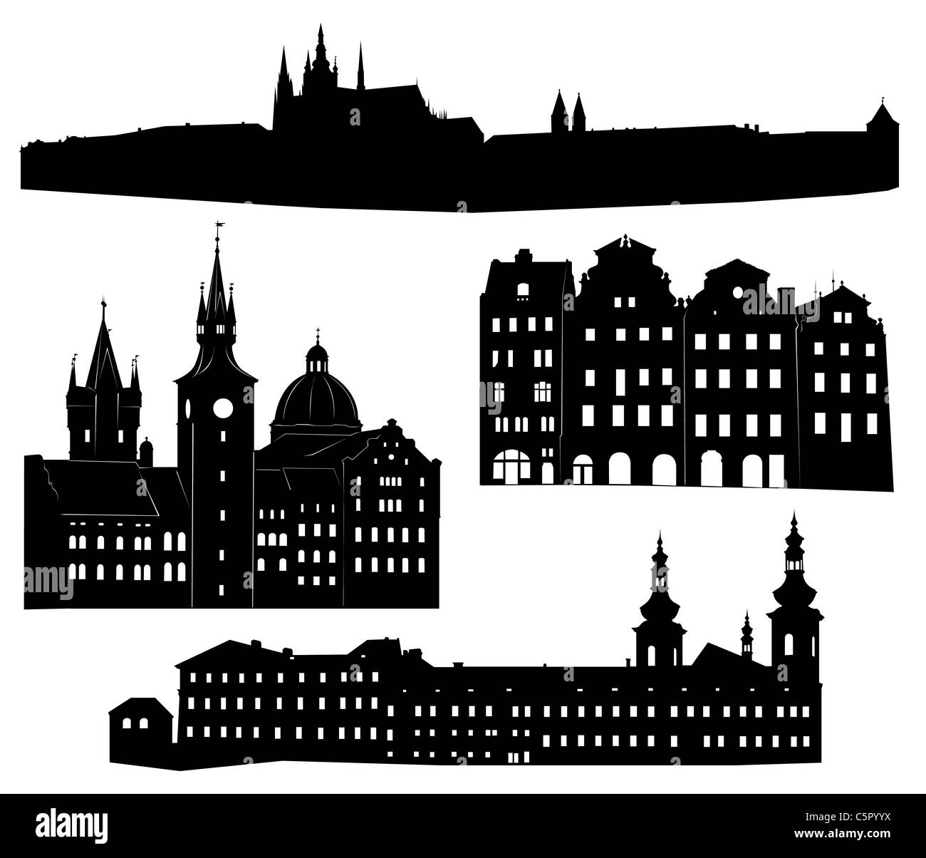 Silhouettes de célèbres bâtiments et monuments de Prague. Banque D'Images Silhouettes de célèbres bâtiments et monuments de Prague. Banque D'Images