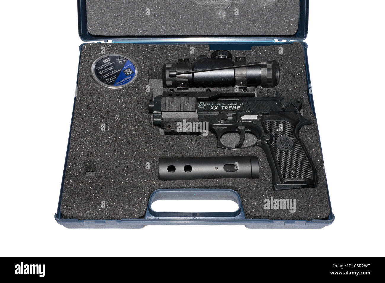 Un Beretta fusil pistolet alimenté par du gaz comprimé, des incendies 0,022 pellets. En cas vient, avec silencieux et visée au laser portée Banque D'Images