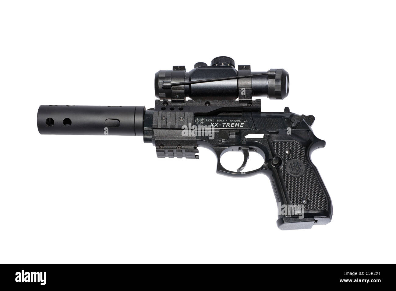 Un Beretta fusil pistolet alimenté par du gaz comprimé, des incendies 0,022 pellets. En cas vient, avec silencieux et visée au laser portée Banque D'Images