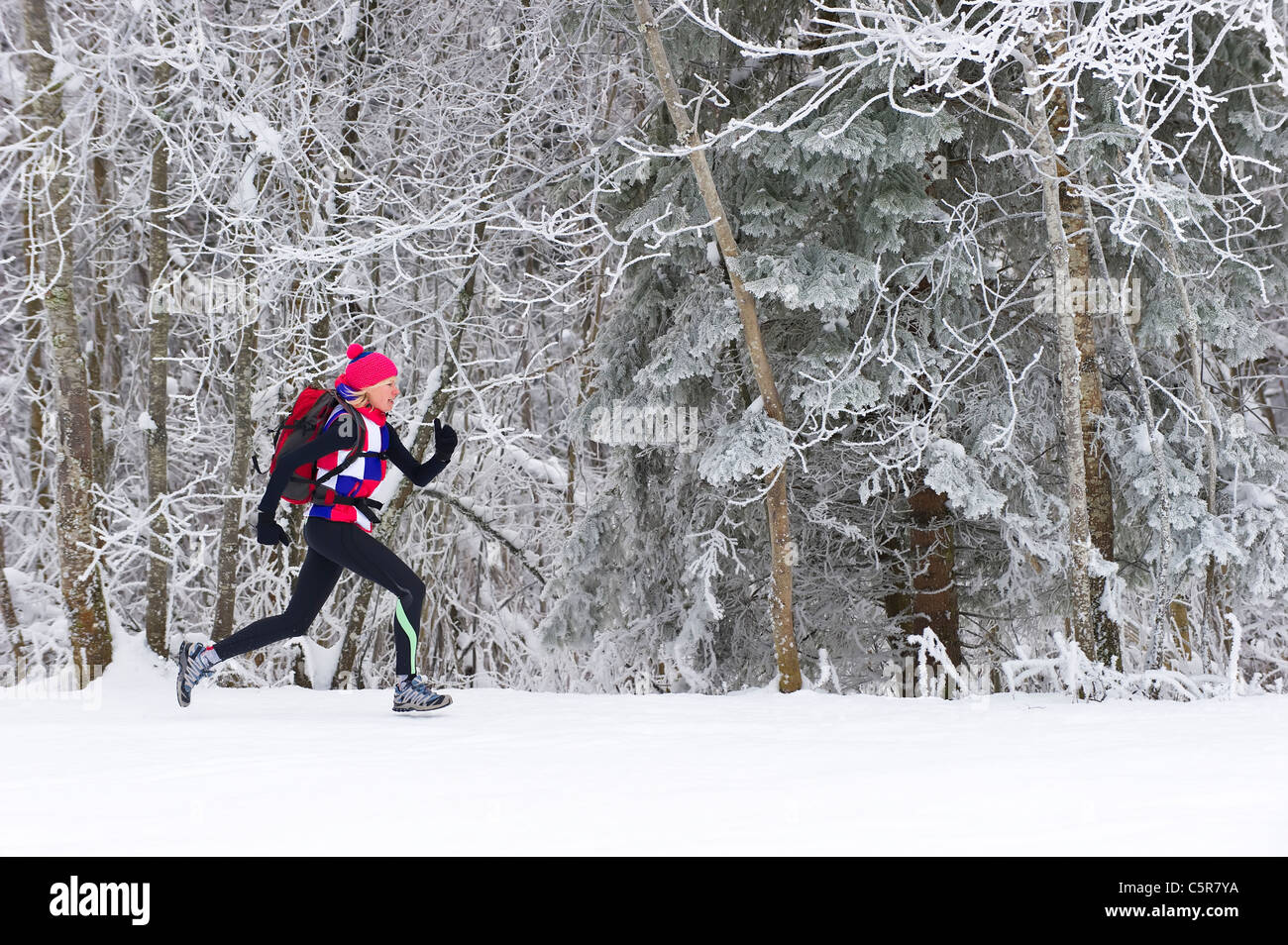 Jogger qui traverse une forêt d'hiver enneigé. Banque D'Images