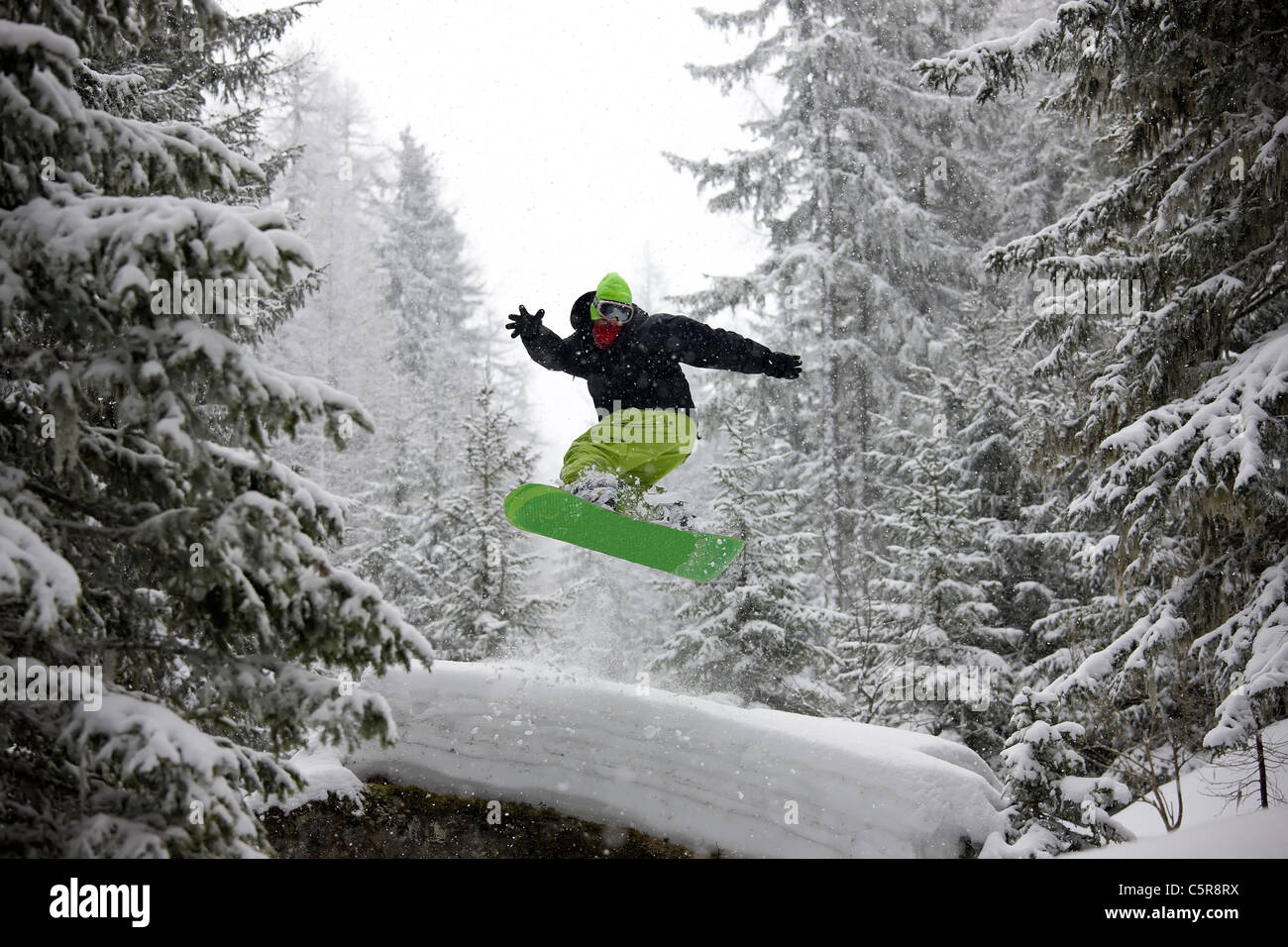 Un snowboarder sautant à travers une forêt alpine de neige. Banque D'Images