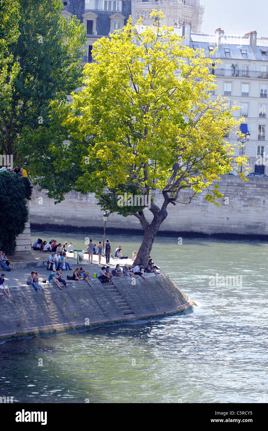 Les baigneurs Sun par la Seine dans le soleil d'été de Paris Banque D'Images
