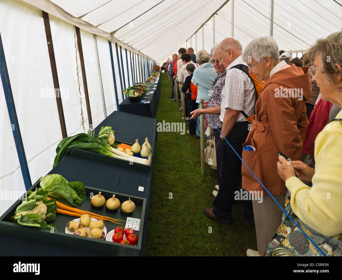 Les visiteurs admirer l'affichage de légumes à Sandringham Flower Show 2011. Banque D'Images