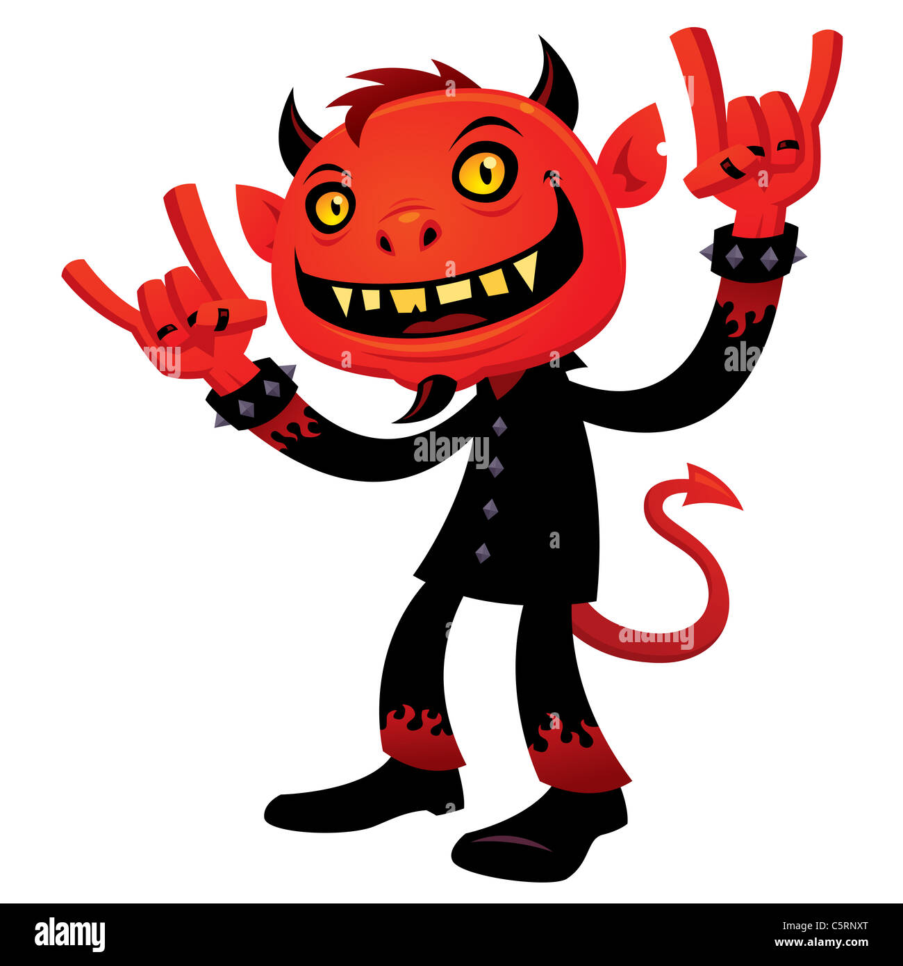 Cartoon Vector illustration d'un diable grimaçant personnage avec heavy metal, rock and roll, cornes de diable signe la main. Banque D'Images