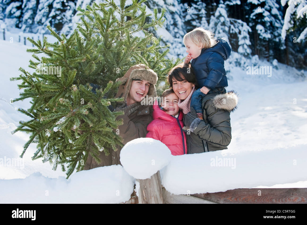 L'Autriche, Pays de Salzbourg, Flachau, vue de famille avec arbre de Noël dans la neige Banque D'Images