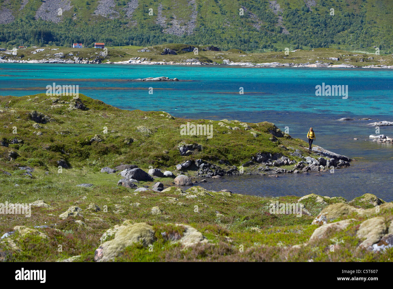 La Norvège, les îles Lofoten, Austvagoya, Woman hiking Banque D'Images