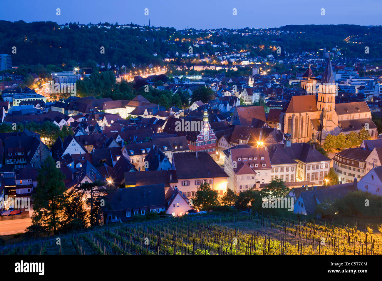 Allemagne, Bade-Wurtemberg, ESSLINGEN AM NECKAR, vue sur ville et vignoble au crépuscule Banque D'Images