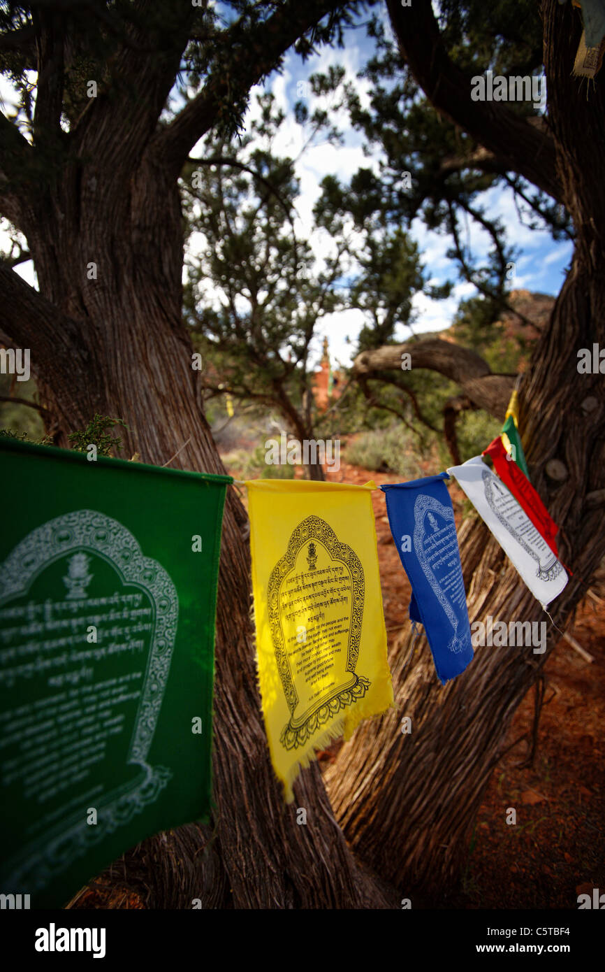Les drapeaux de prières au stupa bouddhiste à Sedona, Arizona Banque D'Images