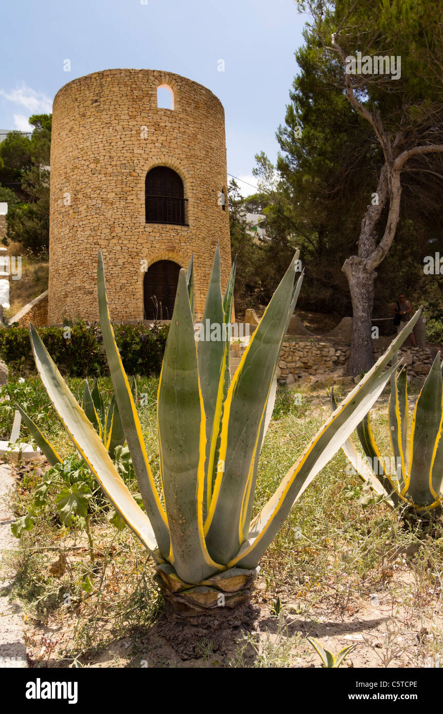 Ibiza, Baléares, Espagne - Cala Vedella beach et la baie. Copie nouvellement construit de tour traditionnelle. Banque D'Images
