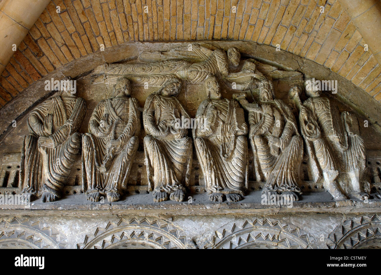 Les sculptures romanes en porche de l'abbaye de Malmesbury, Wiltshire, England, UK Banque D'Images