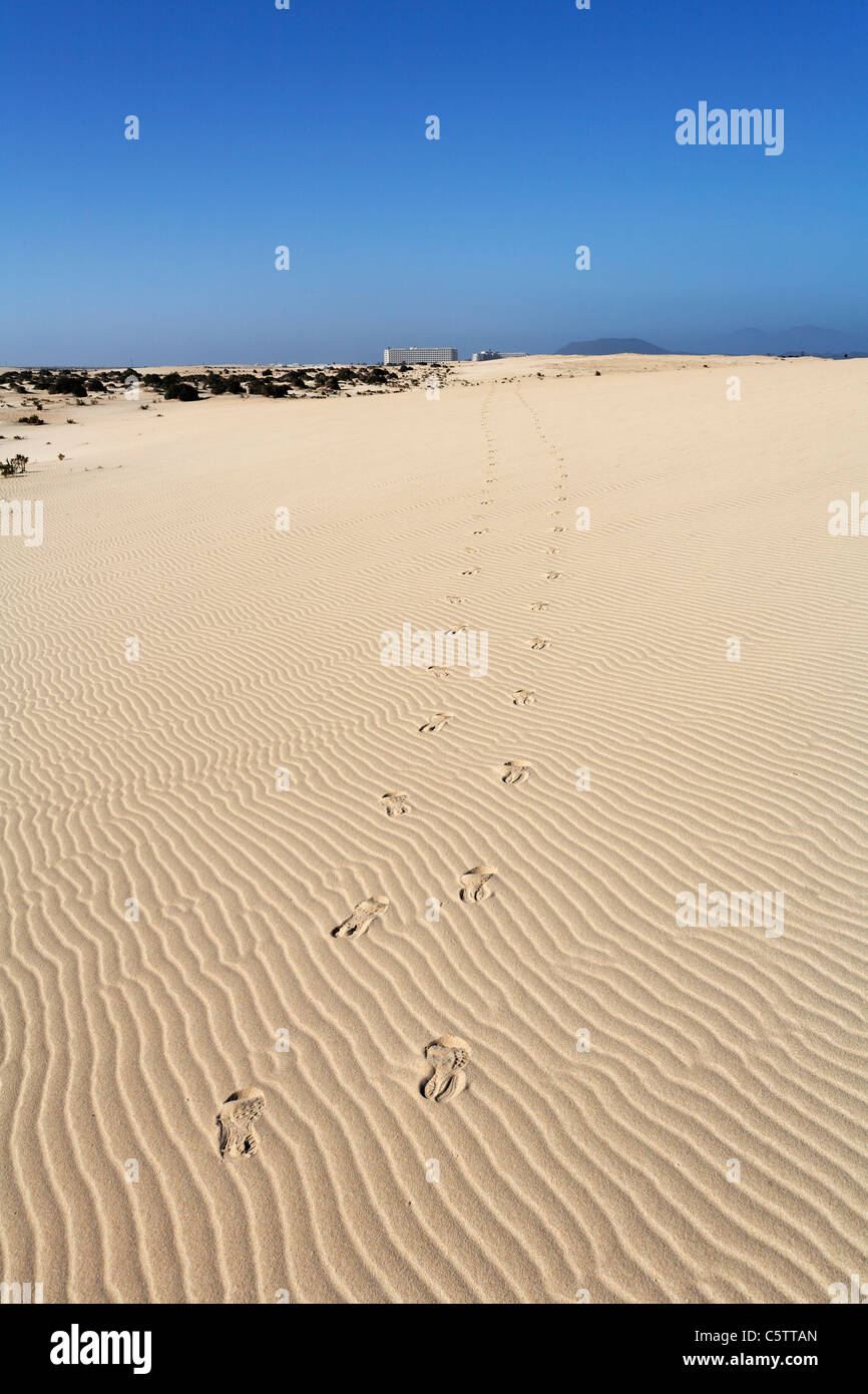 Espagne, Canaries, Fuerteventura, Les dunes de Corralejo empreintes Banque D'Images