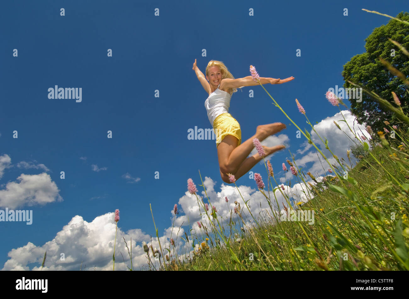 L'Autriche, Salzburger Land, Altenmarkt, jeune femme sautant dans un pré, smiling Banque D'Images
