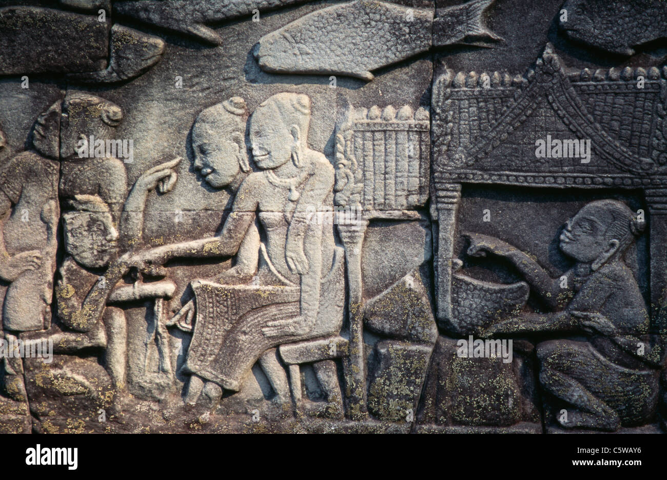 Cambodge, Siem Reap, temple Bayon, sculptures en relief Banque D'Images
