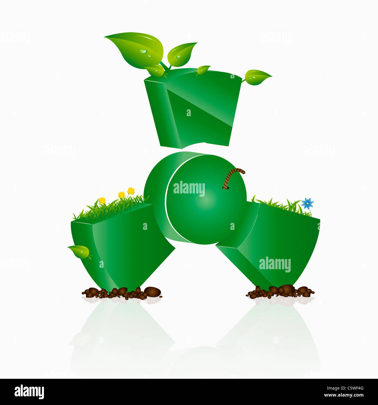 Signe de l'atome vert avec des éléments de la nature contre l'arrière-plan blanc, illustration Banque D'Images