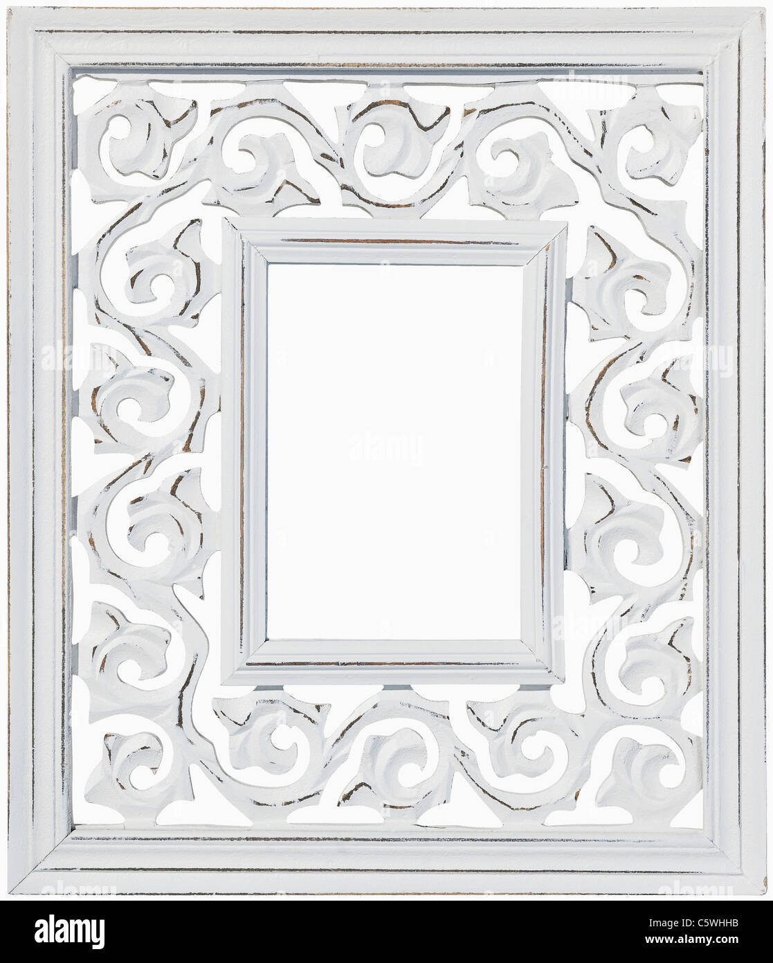Cadre photo blanc avec décor sculpté, Close up Banque D'Images