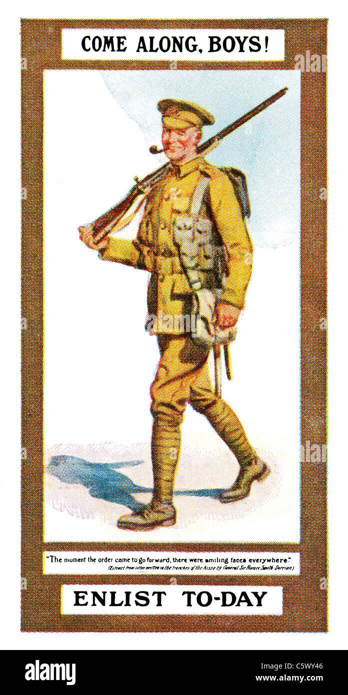 Affiche de recrutement de la Première Guerre mondiale - 'Venez le long, les garçons ! S'enrôler à jours" - soldat en uniforme avec carabine et de pipe. DEL54 Banque D'Images