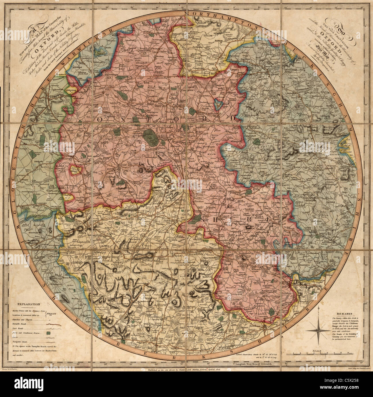 Une carte nouvelle et précise du pays pour vingt-cinq miles autour de l'Université d'Oxford - carte Antiquarienne d'époque Banque D'Images