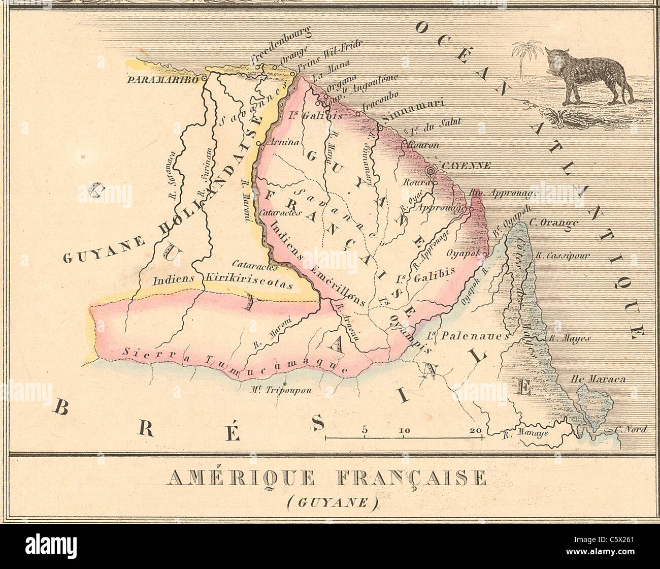 Amerique Francaise - Guyane- Antiquarian Site à partir d'un Atlas Français 1858 "La France et ses colonies" (La France et ses colonies ) par Alexandre Vuillemin Banque D'Images