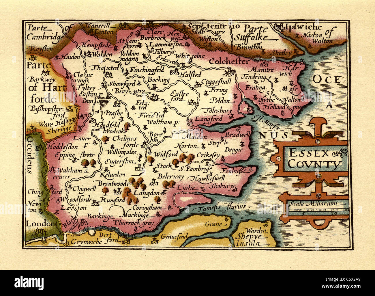 Le Comté d'Essex - Old English Carte du comté par John Speed, vers 1625 Banque D'Images