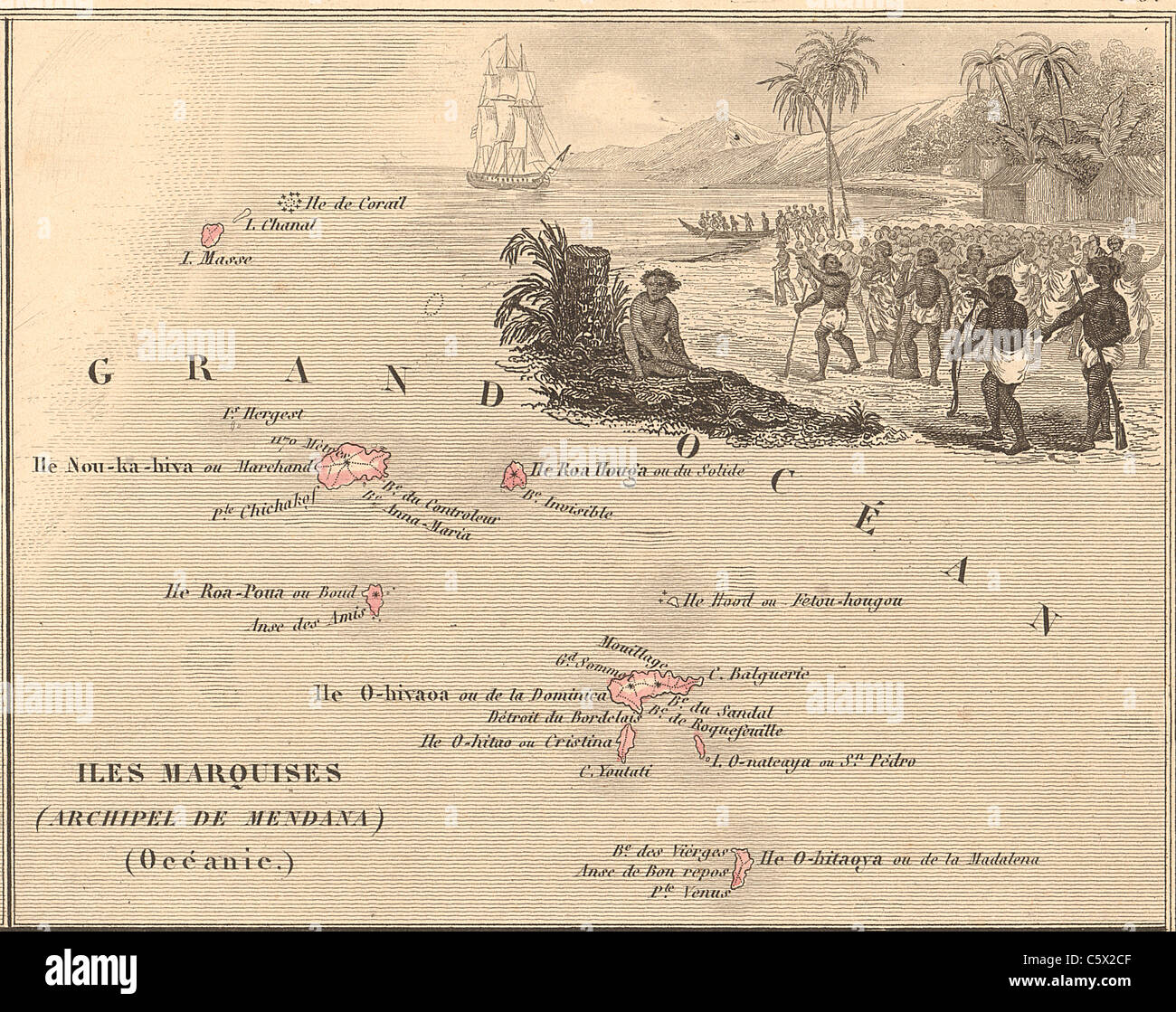 Iles Marquises (Îles Marquises) Site d'un antiquaire Français 1858 "Atlas de la France et de ses colonies" (La France et ses colonies) Alexandre Vuillemin Banque D'Images