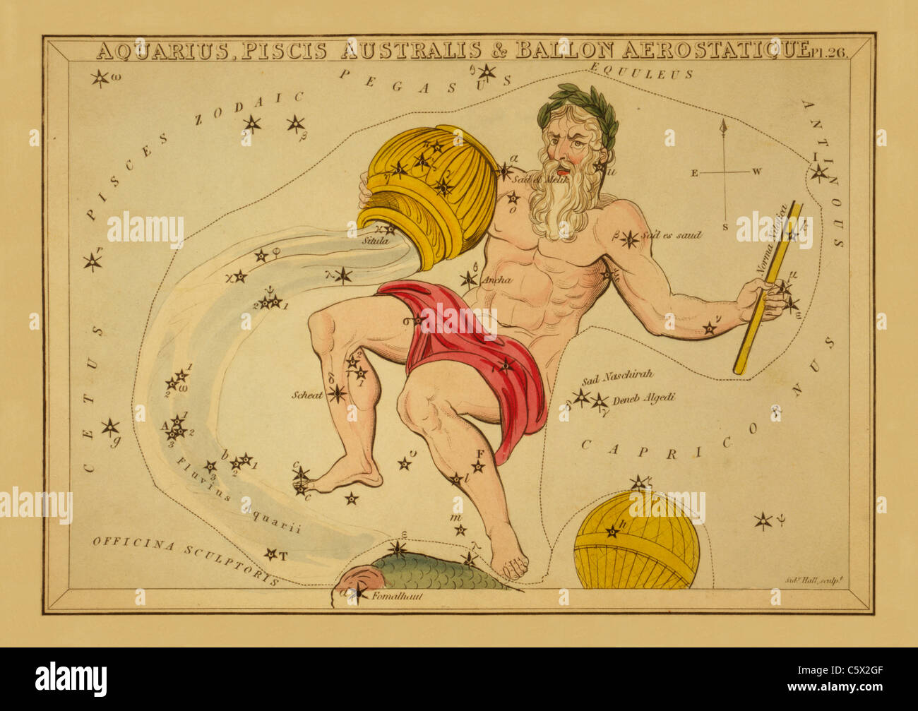 Verseau, Piscis Australis & Ballon Aerostatique - 1825 Tableau astronomique Banque D'Images