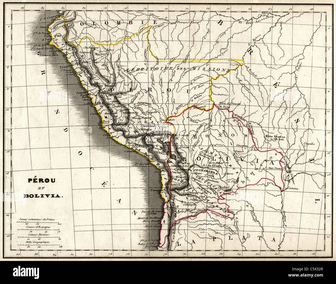 Pérou et Bolivie (Pérou et Bolivie) Antiquaire Site de 'Atlas universel de géographie Ancienne et Moderne" par cartographer C. C. Monin Banque D'Images