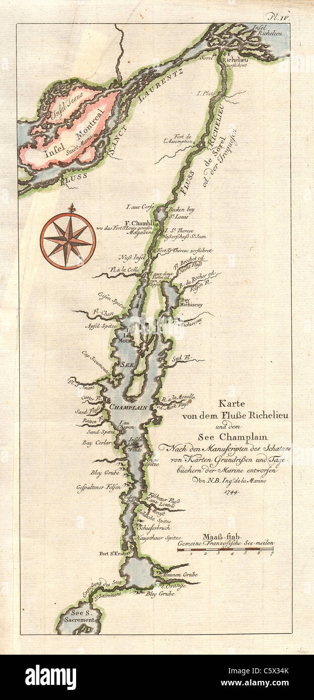 Karte von dem Flusse Richelieu und dem Voir Champlain, Vintage 1744 carte Antiquaire de la rivière Richelieu et du lac Champlain par Jacques Nicolas Bellin Banque D'Images